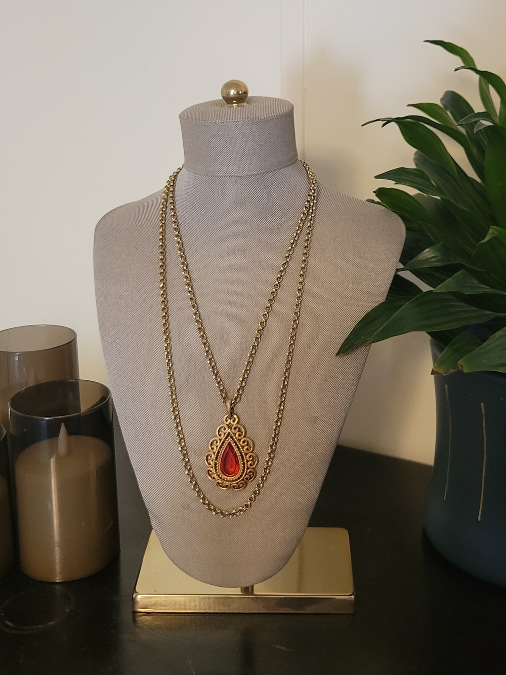 Gold-Tone Necklace with Orange Teardrop Pendant